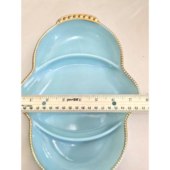 Fire King Delphite Serving Tray 11" long 3-section plate gold trim vtg midcentur - Picture 9 of 11